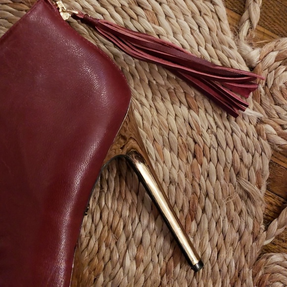 Peeptoe Oxblood Bootie Tassel Platform Heels - Picture 4 of 8